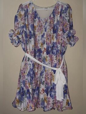 Umgee White Floral Pleated Midi Dress with Purple & Gold Accents